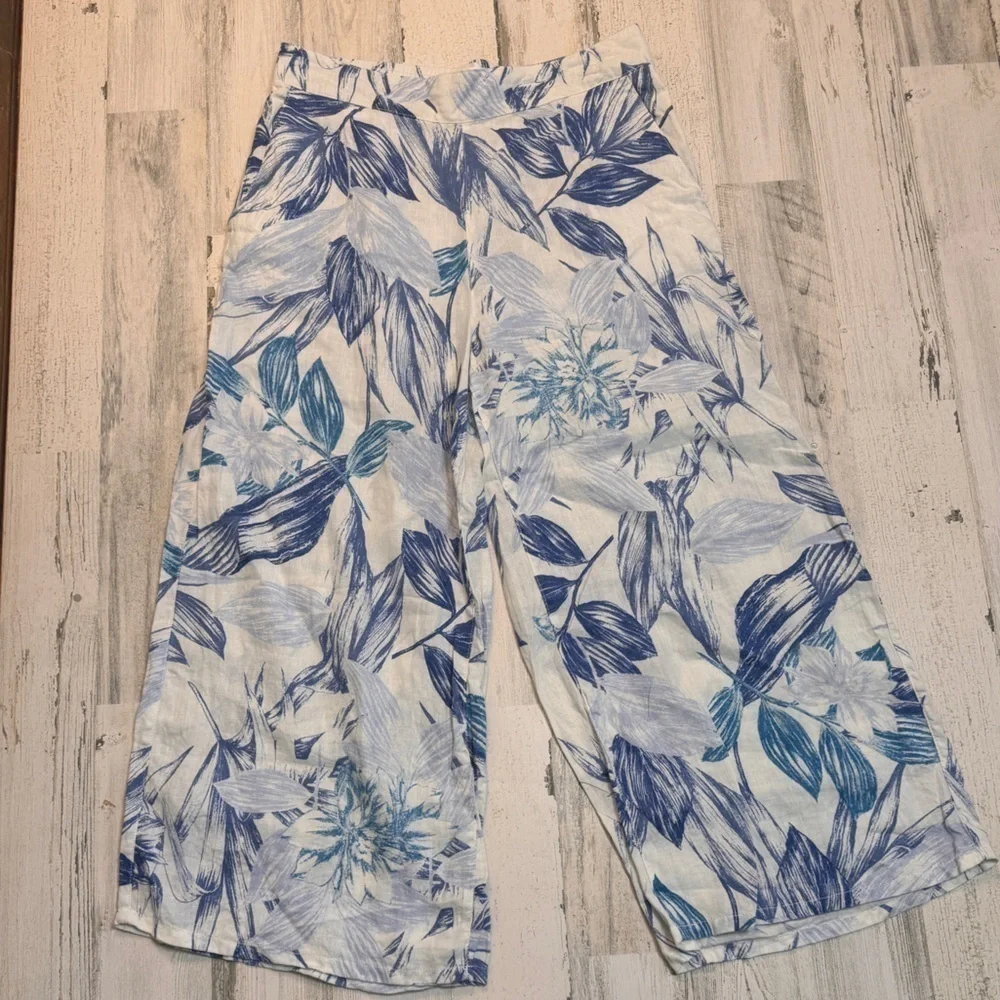 C&C California Cropped Wide Leg Linen Pants Blue Floral Tropical Large